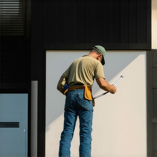 Efficient exterior house painting with sprayer Painter applying paint with an airless sprayer on house exterior