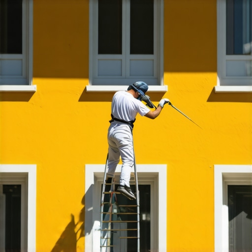 Efficient house painting with professional tools Professional painter using a sprayer on house exterior in bright sunlight