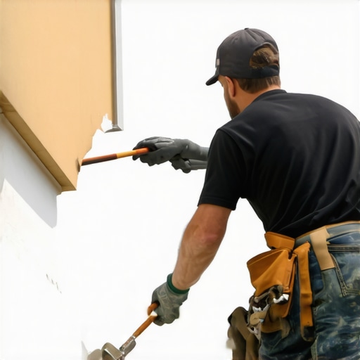 Painter applying weather-resistant paint on coastal house