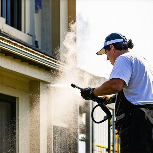 Efficient Surface Preparation for Fast Exterior Painting Painter using power washer on house exterior for quick cleaning