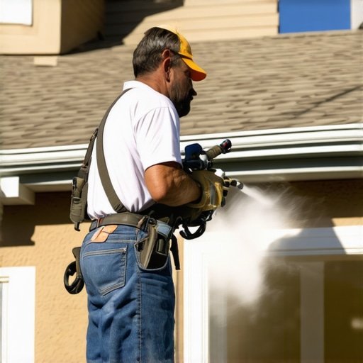 Efficient exterior house painting with spray equipment Painter using spray gun on house exterior for fast and quality results