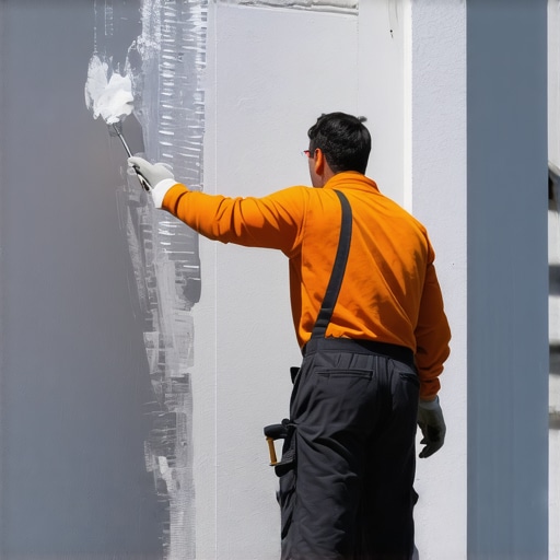 Painter applying fast-drying exterior paint with spray gun