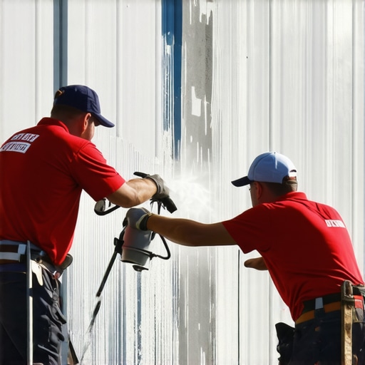 Painter applying primer on textured exterior wall with sprayer