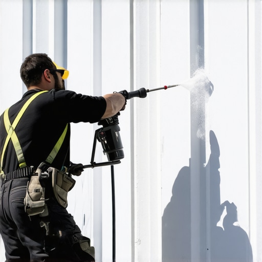 Expert exterior spray painting in progress Painter using airless spray gun on large house exterior