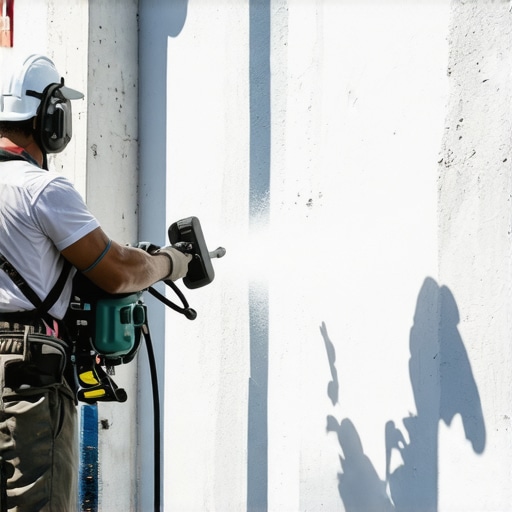 Painter using sprayer on house exterior with advanced tools in sunlight