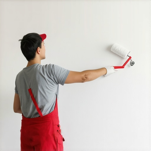 Painter using roller for smooth interior wall paint application