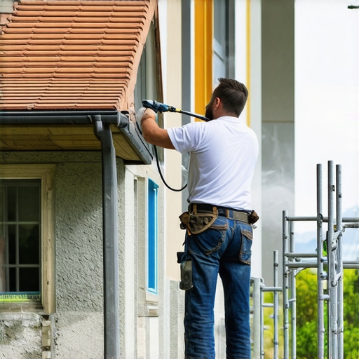Painter using spray gun with organized tools and scaffolding for fast exterior house painting