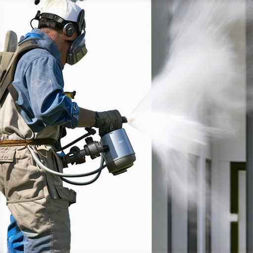 Painter applying spray paint to house exterior using modern equipment for fast results.