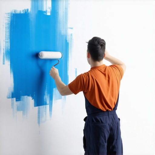 Painter using roller on wall with organized workspace