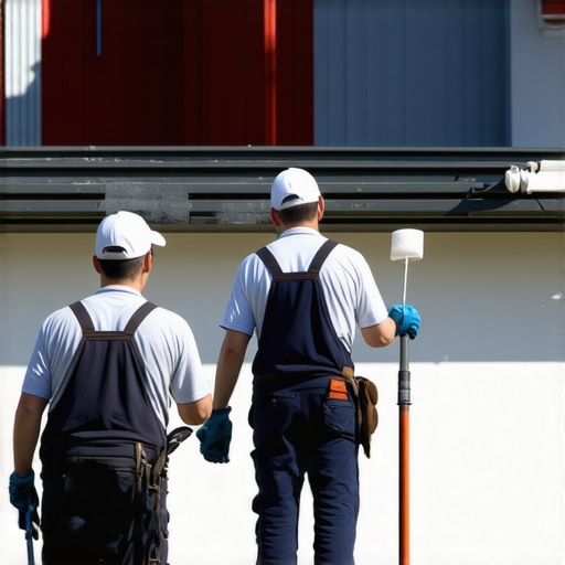 Team of professional painters quickly painting a house exterior on a sunny day.