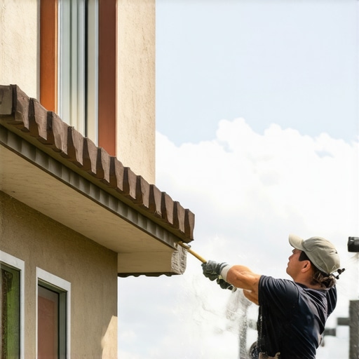 Painter applying spray paint on house exterior efficiently
