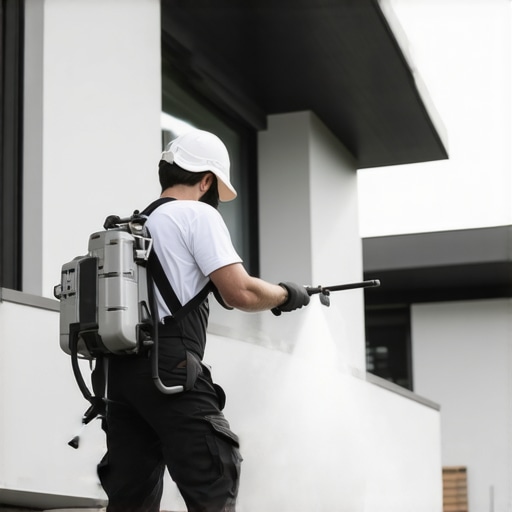 Professional applying spray paint on house exterior with advanced equipment