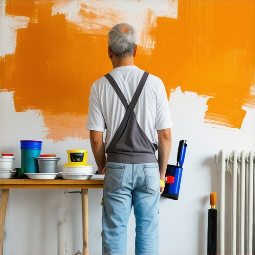 A painter organizing tools and covering furniture in a room ready for painting