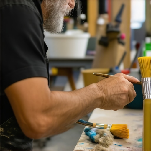 A painter cleaning brushes and maintaining painting equipment for longevity.