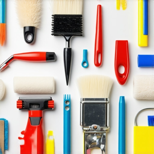 A collection of professional house painting tools, including sprayers, brushes, and cleaning supplies, arranged neatly for maintenance.