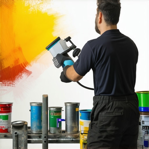Painter using spray gun for fast interior wall painting