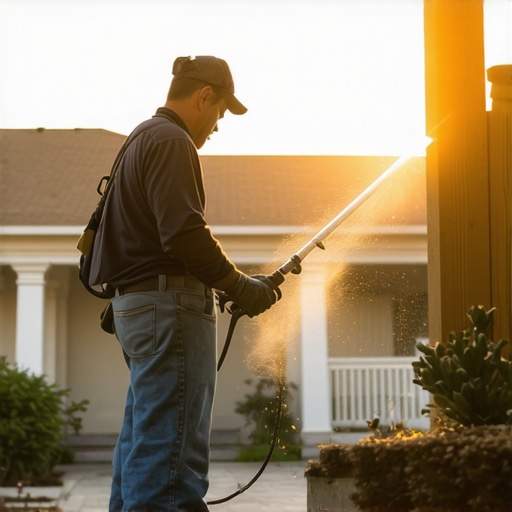 Pressure washer and brushes cleaning a house exterior for maintenance