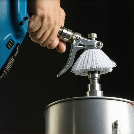 Person cleaning a paint sprayer nozzle with a brush and solvent.