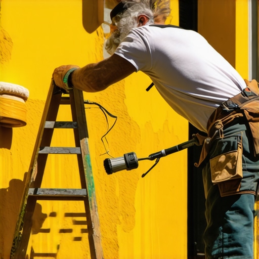 Efficient Exterior Painting Technique Painter using a roller on a ladder to paint the house exterior in good weather