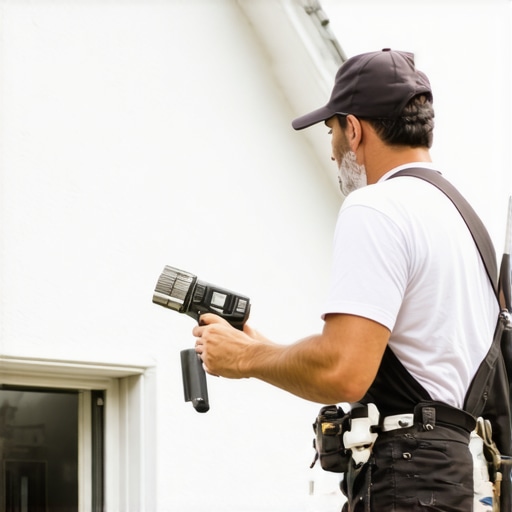 A person using a sprayer and roller to paint a house exterior with prep work visible