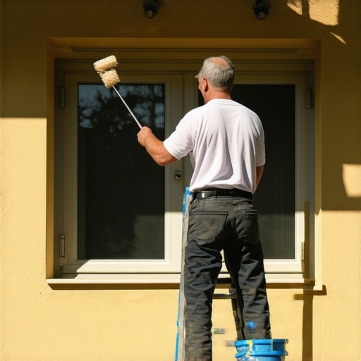 Painter applying paint to house wall with ladder and tools in sunny weather