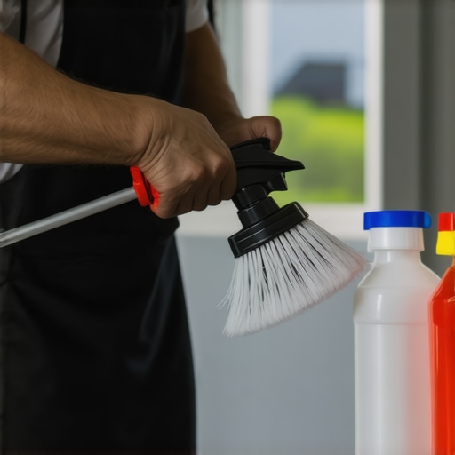 A painter meticulously cleaning a sprayer with brushes and cleaning solutions