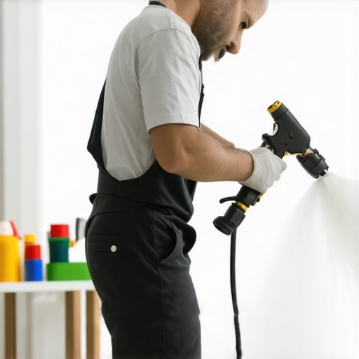 Professional Painting Equipment in Action Painter using spray gun with organized tools for a home interior project.