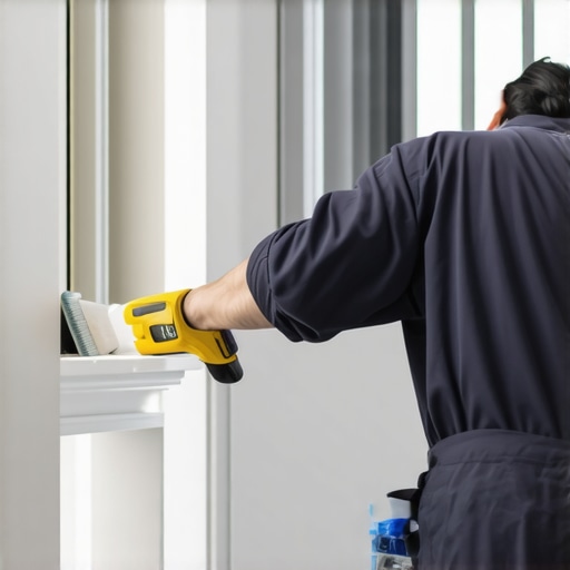 Close-up of a painter sanding and cleaning exterior wall before painting.
