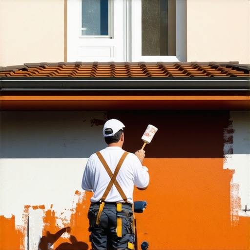 A painter applying exterior paint on a house during hot weather with proper tools and safety gear.