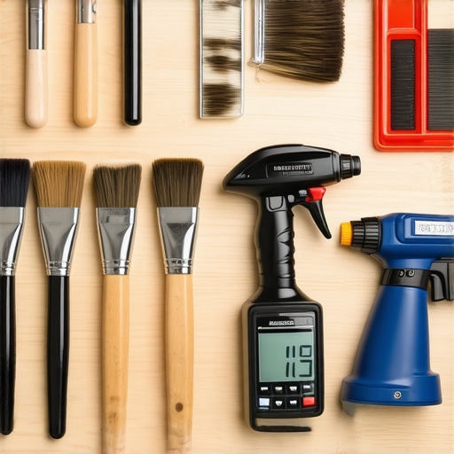  organized professional painting tools including brushes, sprayer, and moisture meter