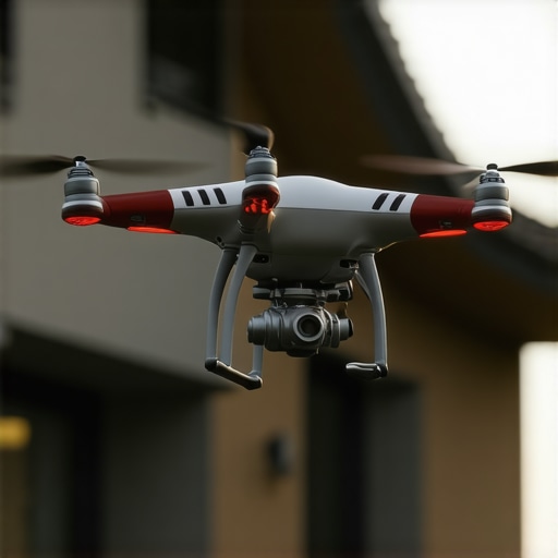 Close-up of a drone flying over a house exterior, equipped with surface mapping sensors, capturing detailed surface data for painting prep.
