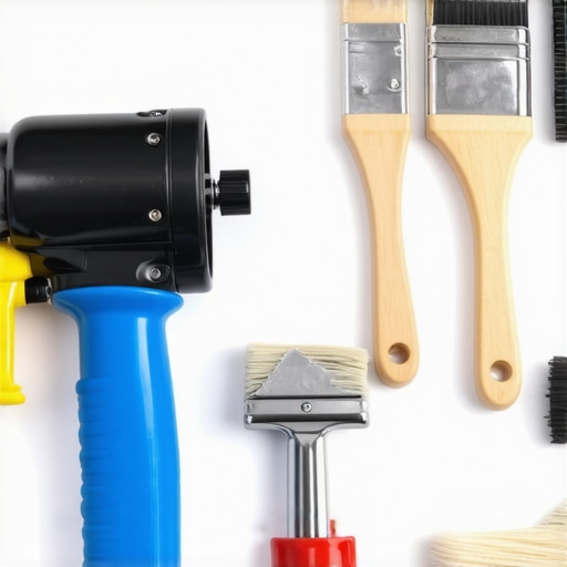 Assorted professional painting tools like sprayer, brushes, and rollers on a workbench.