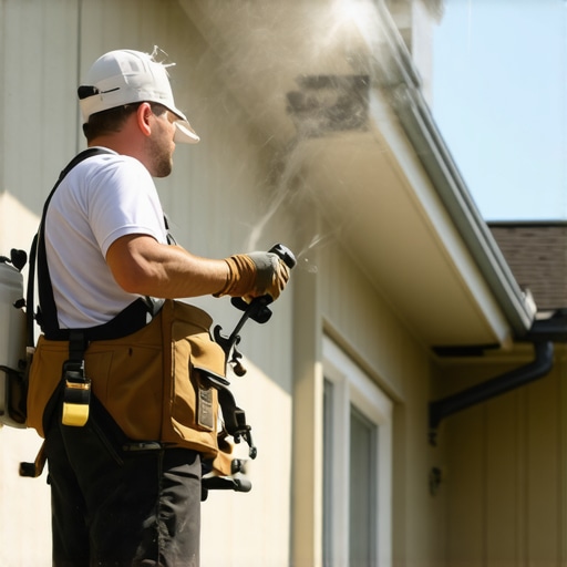 Painter spray painting house exterior while testing moisture levels with a digital device