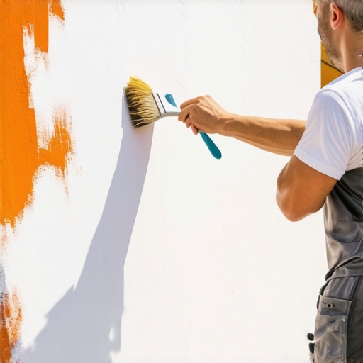 Detail of a painter applying paint smoothly with a high-quality brush on a house wall.