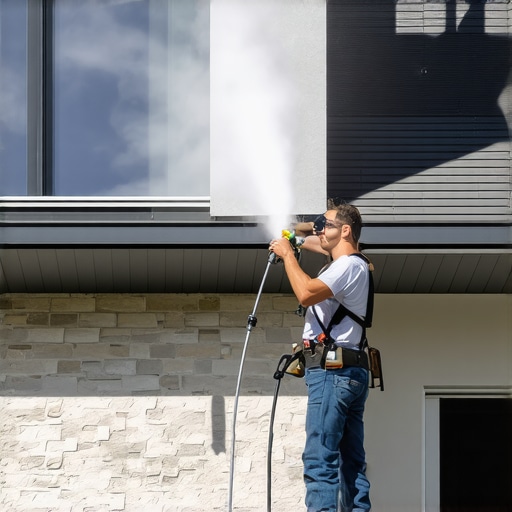 Painter applying house paint with an HVLP sprayer in a sunny outdoor setting