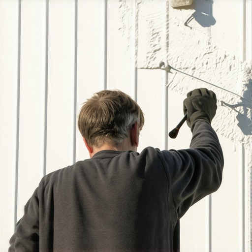 A professional painter using a roller to spread ceramic coating on house exterior in coastal environment.