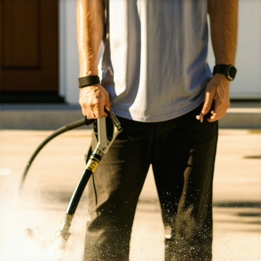 A high-quality pressure washer cleaning the exterior of a house, demonstrating essential maintenance tools for paint longevity.