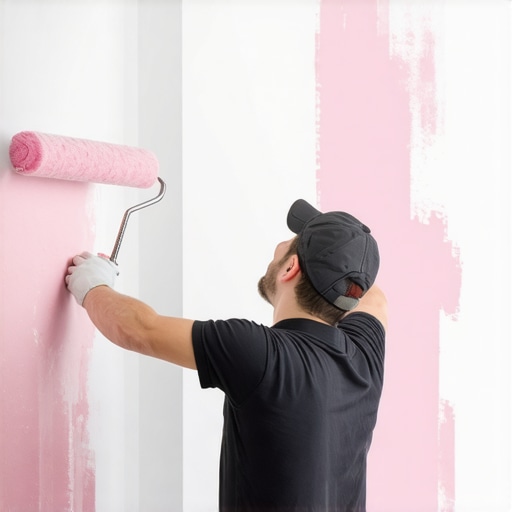Painter applying a high-quality smudge-resistant paint with a roller in a modern living room.