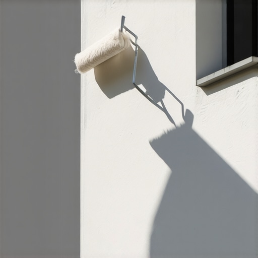 A professional painter applying reflective house paint with a roller on the exterior wall in bright sunlight