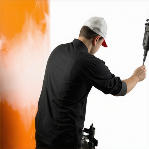 Painter using spray gun to apply fast-drying paint in a commercial space