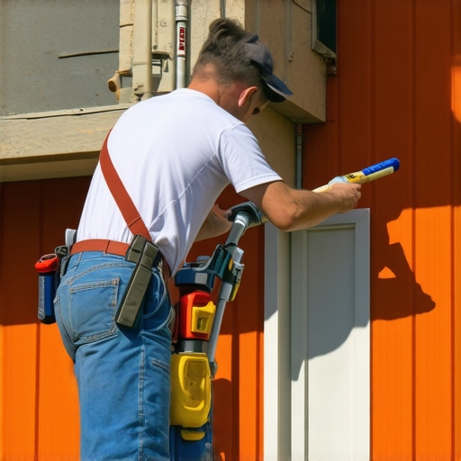 High-precision telescoping brush in use during house painting Painter applying paint to house wall with a telescoping brush for precise coverage.