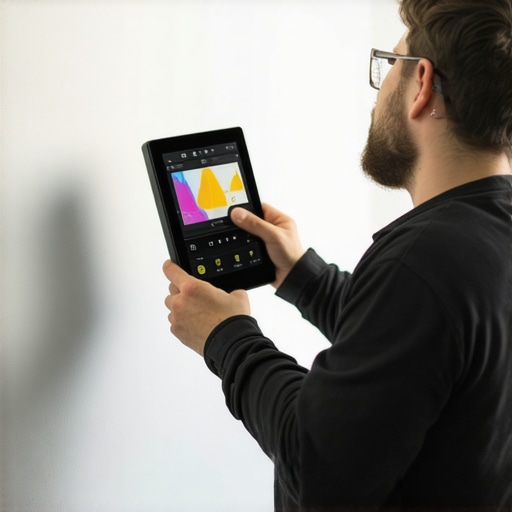 A painter using thermal imaging camera and tablet to assess house surface condition
