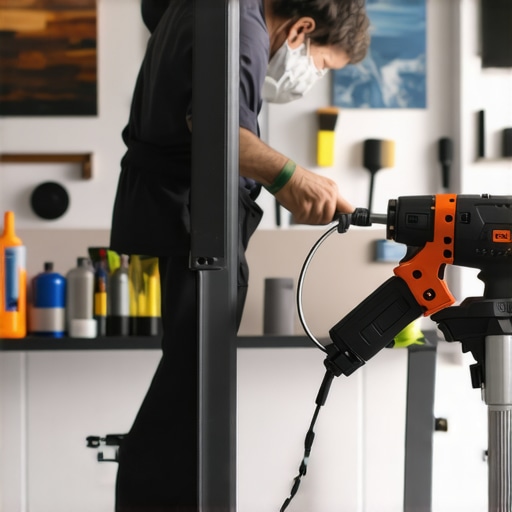 Painter maintaining tools for quality results Close-up of painter cleaning spray gun with brushes and power tools on workbench
