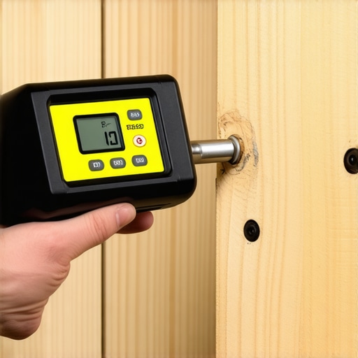 A technician uses an ultrasonic moisture meter on a drywall wall to detect hidden dampness, ensuring proper surface preparation for painting.
