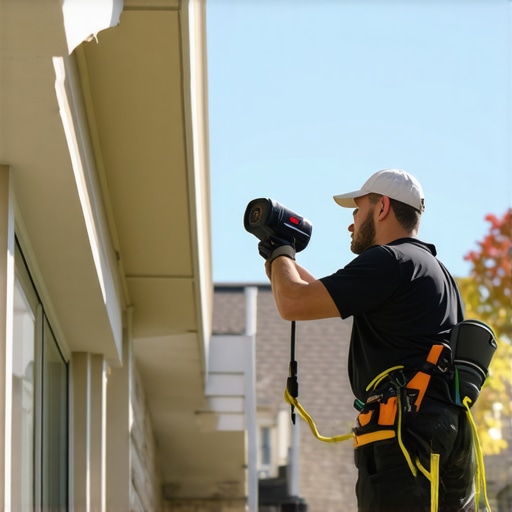 Painter scanning house exterior with laser surface scanner for detailed analysis.