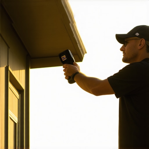 A person holding a thermal camera scanning the exterior wall of a house during sunset.