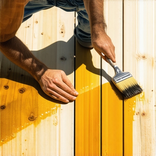 Person using brush to stain wooden deck with focus on careful application.