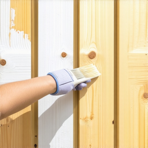 Person applying stain to wooden fence with a brush in good weather conditions