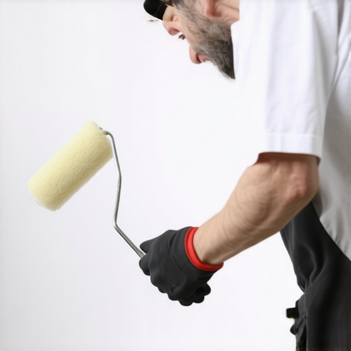 A painter applying high-gloss paint evenly with a roller in a bright room.