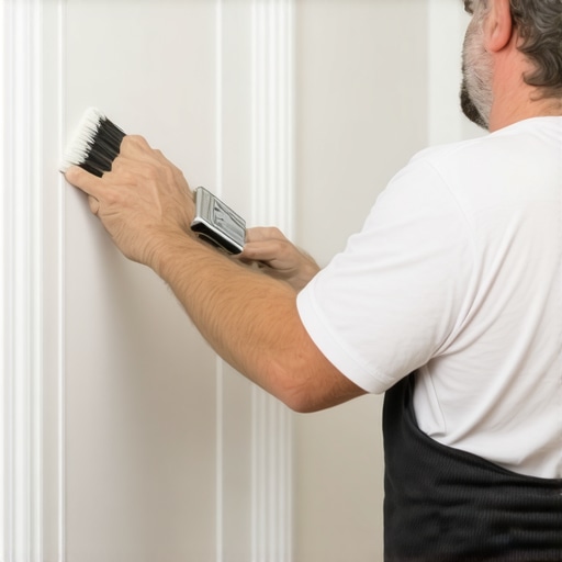 Close-up image of a painter's hand using a synthetic brush to apply high-gloss paint to door trim.